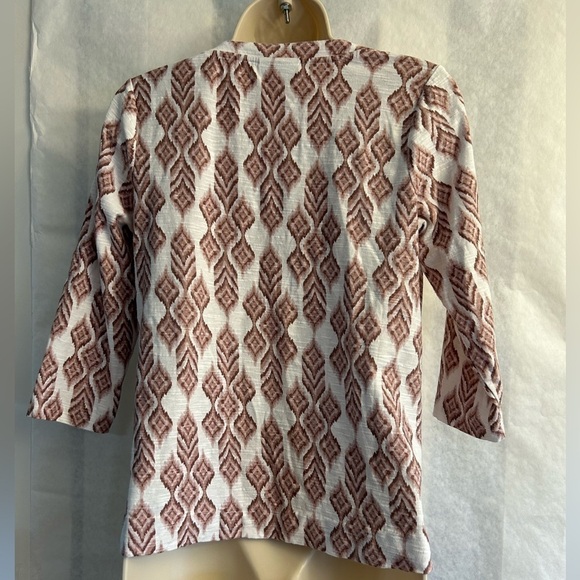 Pure Jill Ikat print top knit tunic white & mauve 3/4 sleeve top Sz-Petite XS E2 - Picture 2 of 10